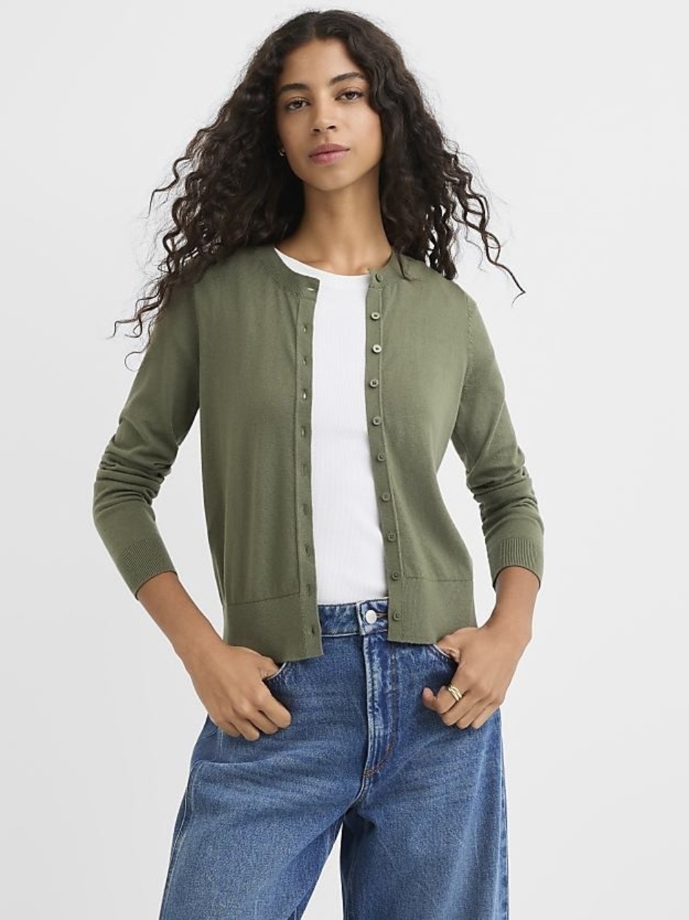 LOFT Olive Green Modern Crew Neck Cardigan